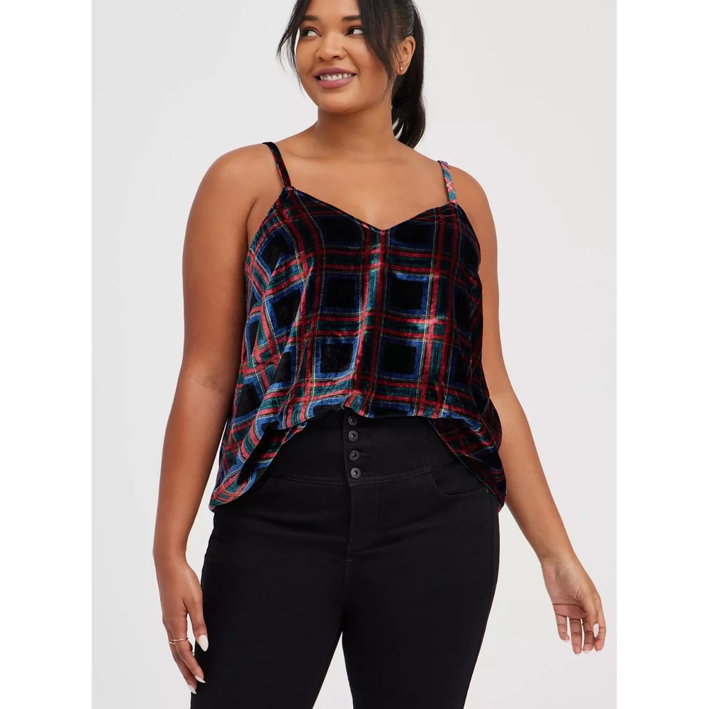 Torrid Women Crushed Velvet Cami Top 1X Multicolor Plaid V-Neck Tank Holiday